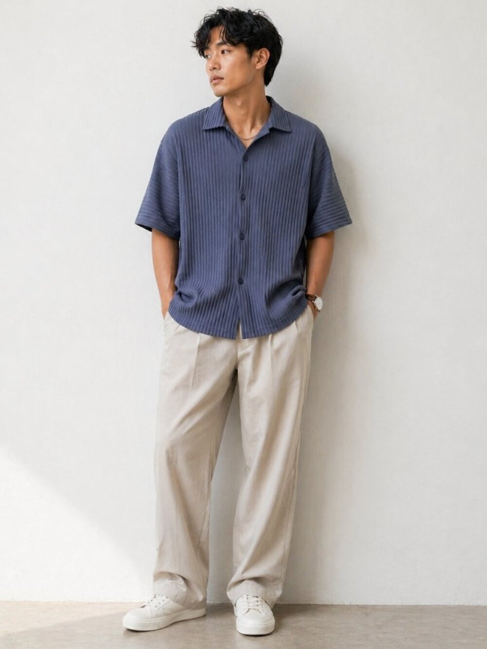 Manière De Voir Men Pleated Short Sleeve Button Up Shirt Blue Lagenlook Textured - Picture 3 of 15